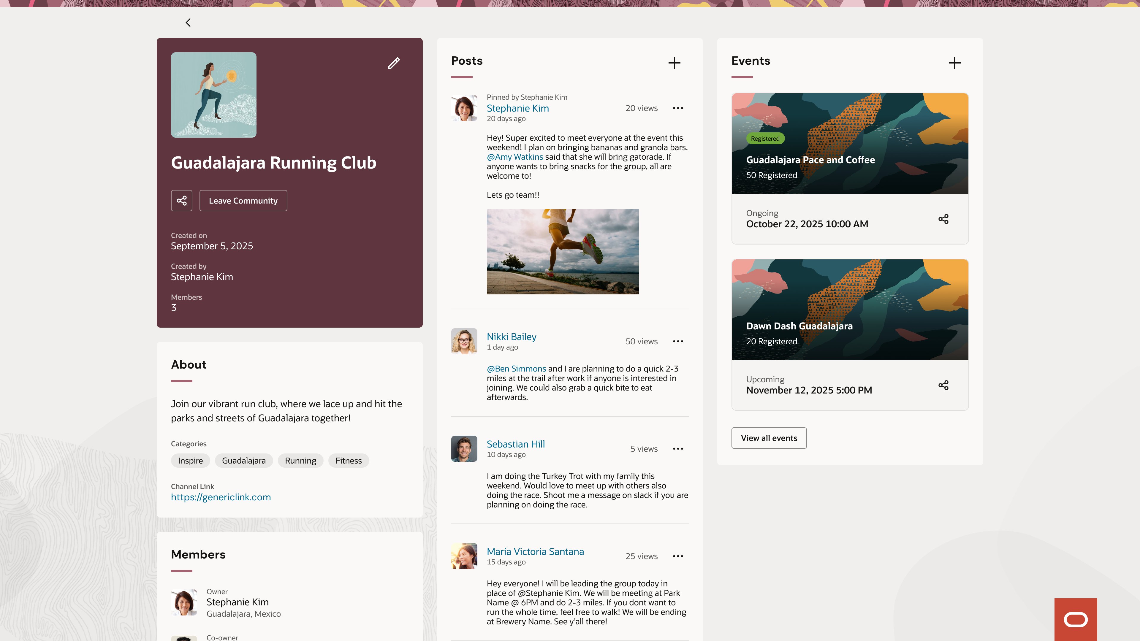 A published community page (Guadalajara Running Club) showing a three-column Redwood layout: community details, About and Members on the left, a Posts feed in the middle, and Events on the right.