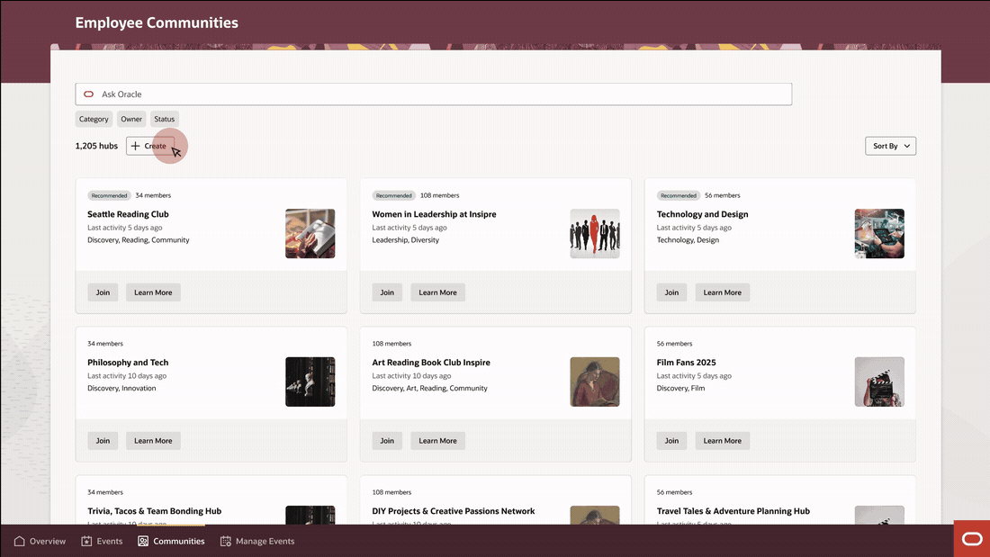 Animated walkthrough of an employee creating a community: opening the New Community panel, naming it, adding categories, description, cover image and team members, then publishing the finished community page.