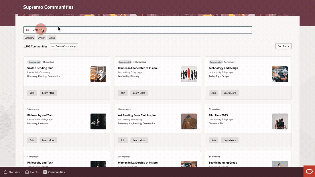 Animated walkthrough of an employee searching and filtering communities, opening a community to review its about, posts, events and members, and joining it.